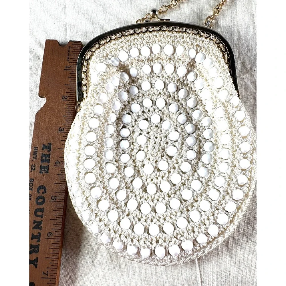 VTG Bobbie Jerome Purse White Crochet Beaded Evening Handbag Boho Made in Italy